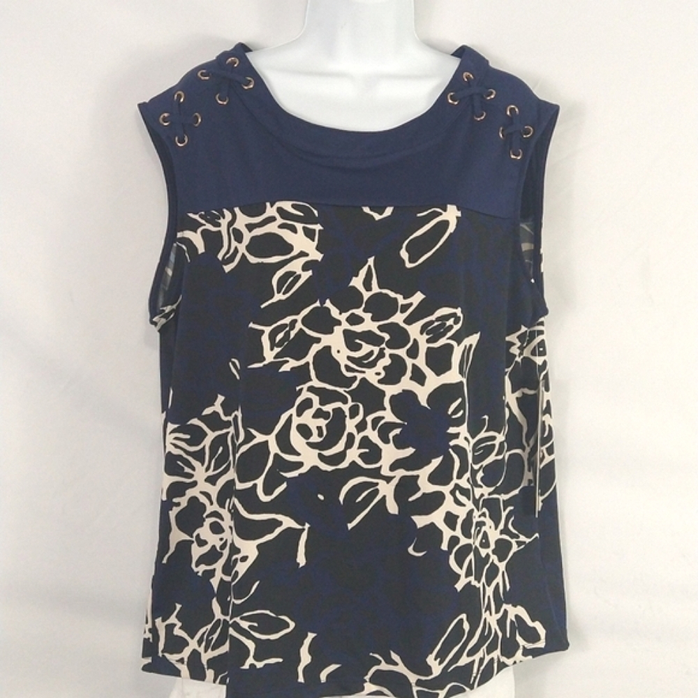NWT Women's Sleeveless Floral Blouse Blue Black Size Large
